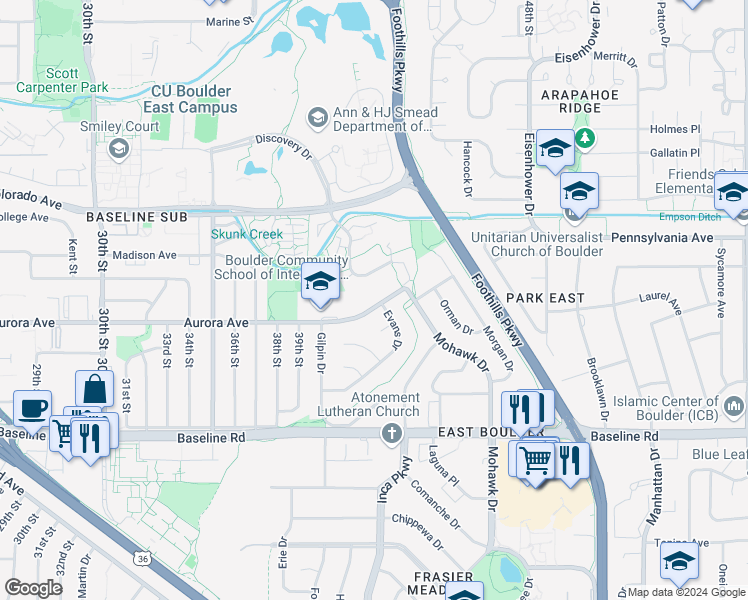 map of restaurants, bars, coffee shops, grocery stores, and more near 4165 Aurora Avenue in Boulder
