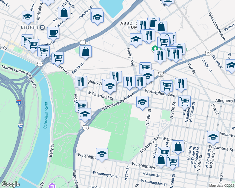 map of restaurants, bars, coffee shops, grocery stores, and more near 3127 North 32nd Street in Philadelphia