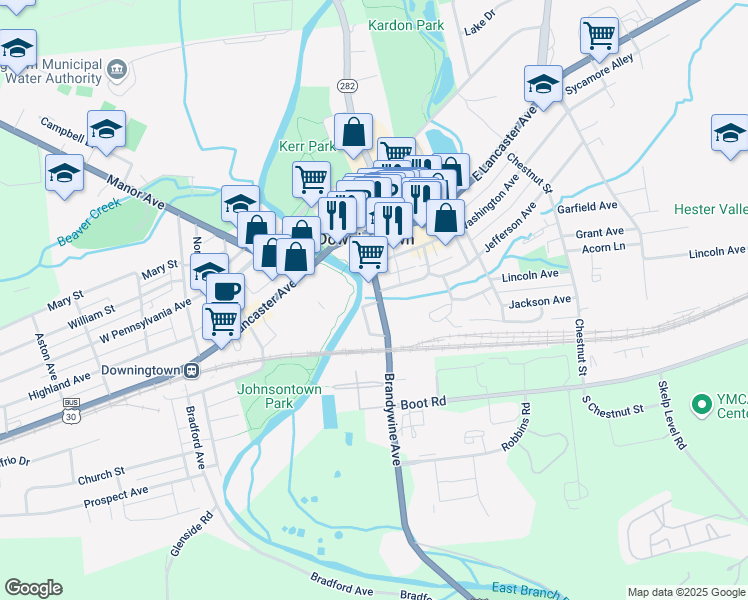 map of restaurants, bars, coffee shops, grocery stores, and more near 130 Brandywine Avenue in Downingtown