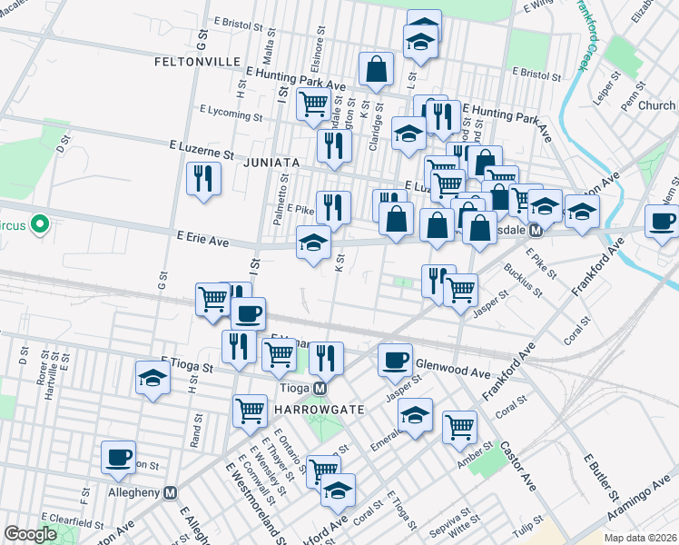 map of restaurants, bars, coffee shops, grocery stores, and more near 3745 K Street in Philadelphia