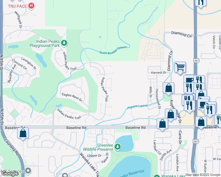 map of restaurants, bars, coffee shops, grocery stores, and more near 565 Brainard Circle in Lafayette