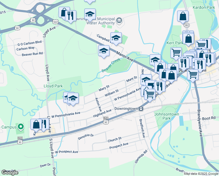 map of restaurants, bars, coffee shops, grocery stores, and more near 390 Mary Street in Downingtown