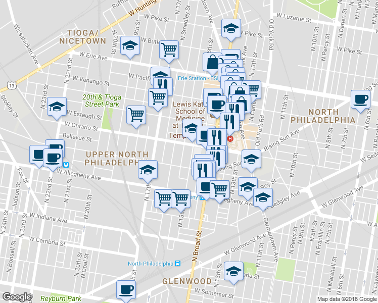 map of restaurants, bars, coffee shops, grocery stores, and more near 3336 North 15th Street in Philadelphia