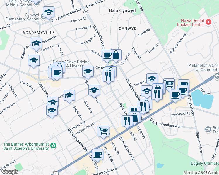 map of restaurants, bars, coffee shops, grocery stores, and more near 200 Bala Avenue in Bala Cynwyd