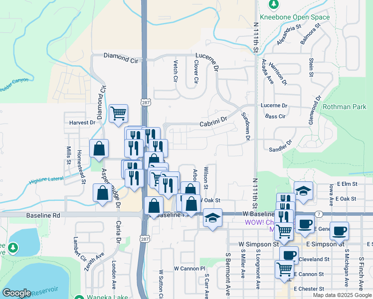 map of restaurants, bars, coffee shops, grocery stores, and more near Cristo Lane in Lafayette