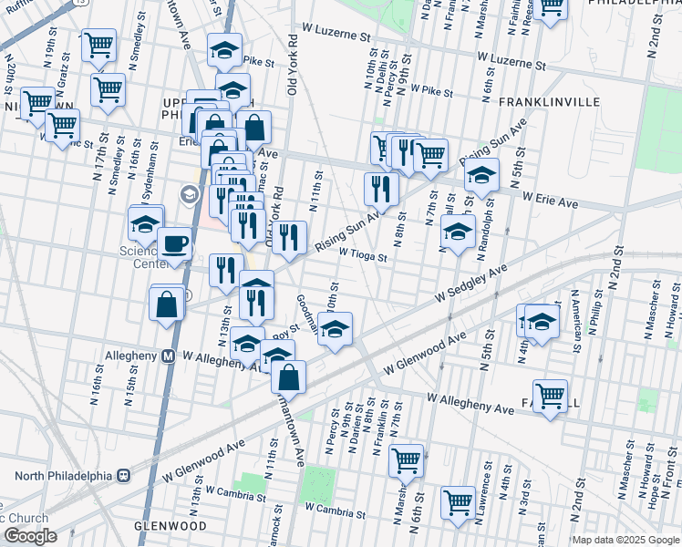 map of restaurants, bars, coffee shops, grocery stores, and more near 3425 North 10th Street in Philadelphia