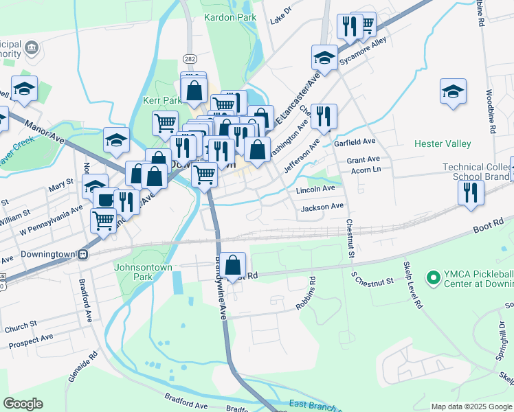 map of restaurants, bars, coffee shops, grocery stores, and more near 203 Buchanan Court in Downingtown