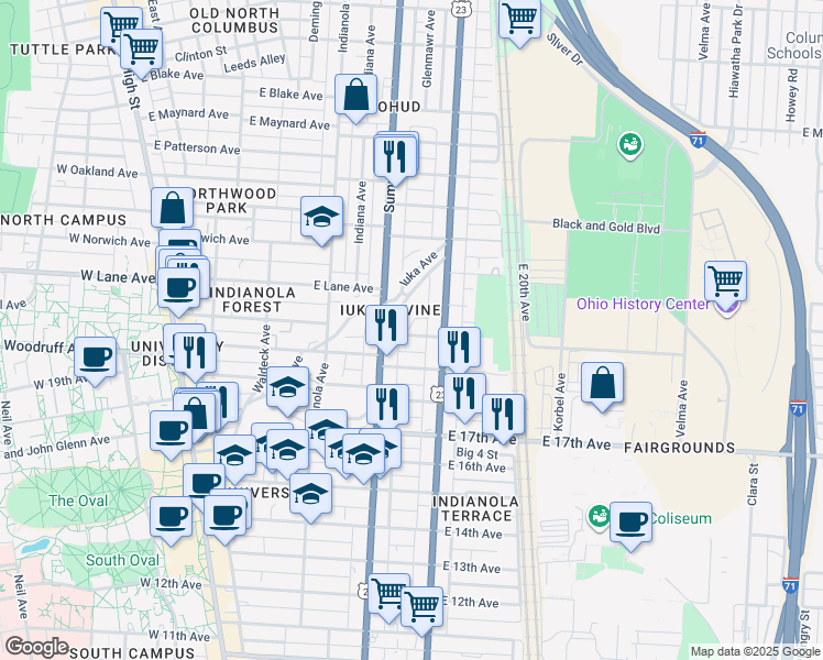 map of restaurants, bars, coffee shops, grocery stores, and more near 336 East 20th Avenue in Columbus