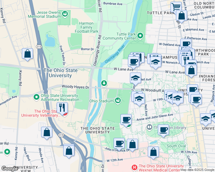 map of restaurants, bars, coffee shops, grocery stores, and more near Olentangy Trail in Columbus