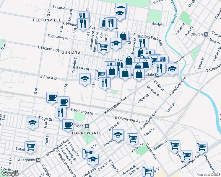 map of restaurants, bars, coffee shops, grocery stores, and more near 1313 East Carey Street in Philadelphia