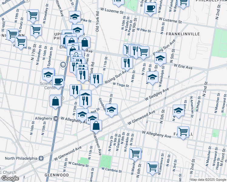 map of restaurants, bars, coffee shops, grocery stores, and more near 3425 North 10th Street in Philadelphia