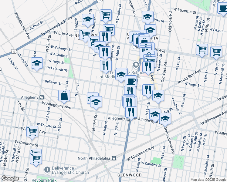 map of restaurants, bars, coffee shops, grocery stores, and more near 3329 North 16th Street in Philadelphia