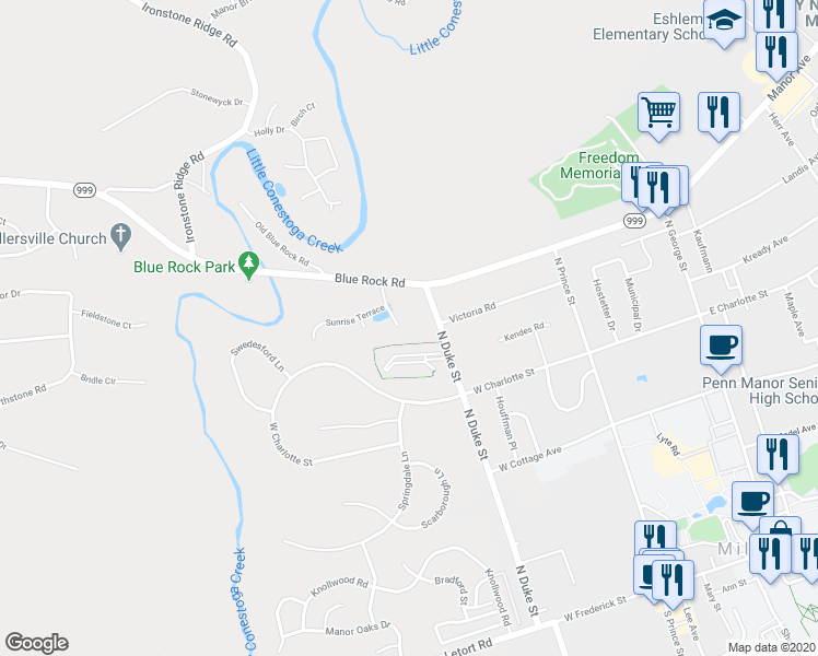 map of restaurants, bars, coffee shops, grocery stores, and more near 18 Russet Lane in Millersville