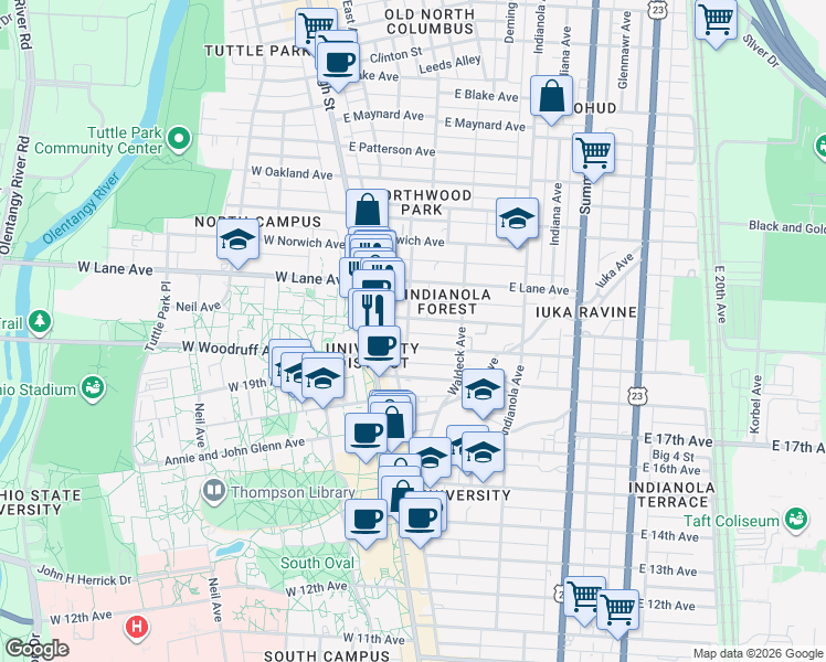 map of restaurants, bars, coffee shops, grocery stores, and more near 2060 Tuller Street in Columbus