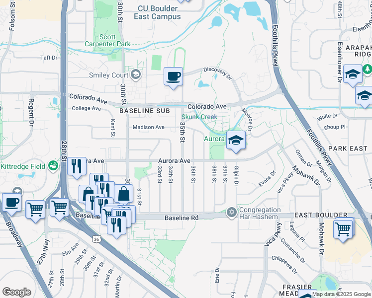 map of restaurants, bars, coffee shops, grocery stores, and more near 965 36th Street in Boulder