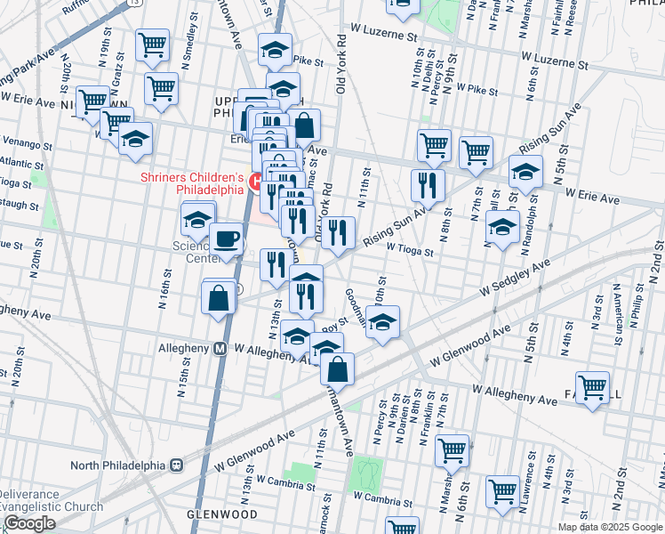 map of restaurants, bars, coffee shops, grocery stores, and more near 1109 Rising Sun Avenue in Philadelphia