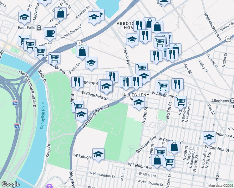map of restaurants, bars, coffee shops, grocery stores, and more near 3158 West Allegheny Avenue in Philadelphia