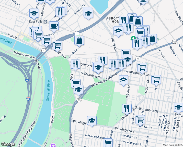 map of restaurants, bars, coffee shops, grocery stores, and more near in Philadelphia
