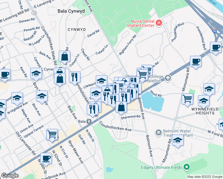 map of restaurants, bars, coffee shops, grocery stores, and more near 38 Clwyd Road in Bala Cynwyd
