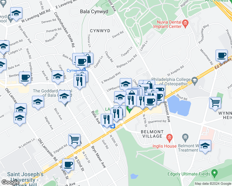 map of restaurants, bars, coffee shops, grocery stores, and more near 9 Llanberris Road in Bala Cynwyd