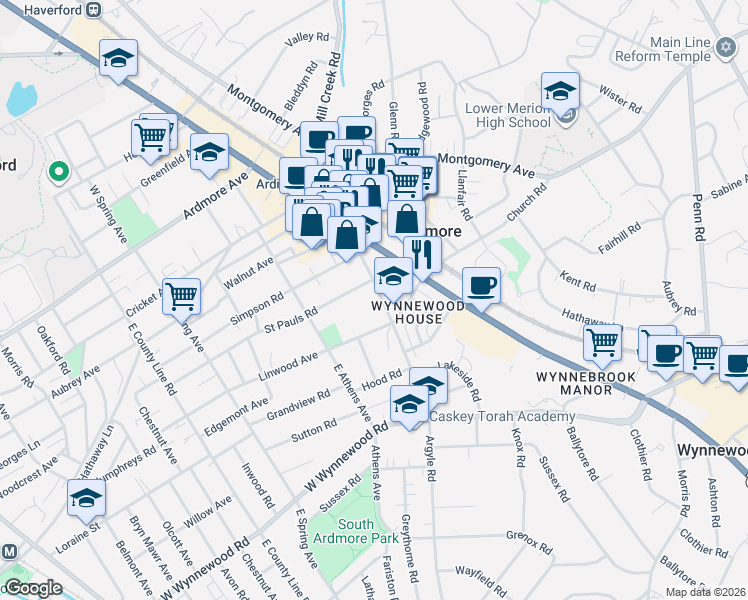 map of restaurants, bars, coffee shops, grocery stores, and more near 116 Argyle Road in Ardmore
