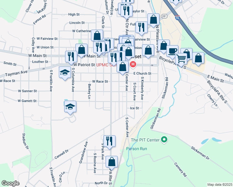 map of restaurants, bars, coffee shops, grocery stores, and more near 140 West Sanner Street in Somerset