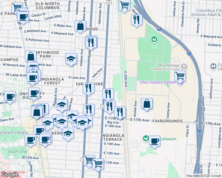 map of restaurants, bars, coffee shops, grocery stores, and more near 401 East Lane Avenue in Columbus