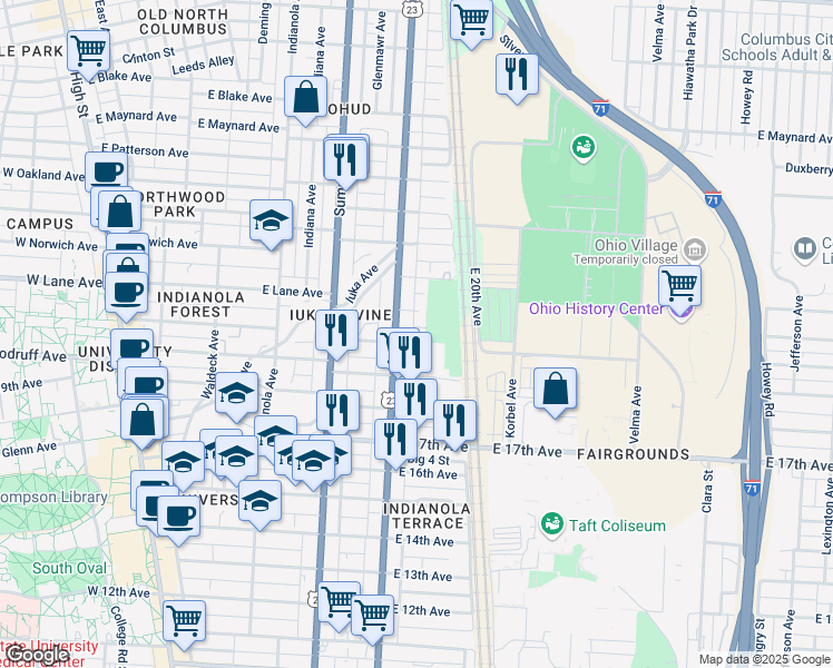 map of restaurants, bars, coffee shops, grocery stores, and more near 401 East Lane Avenue in Columbus