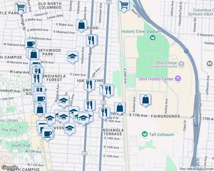 map of restaurants, bars, coffee shops, grocery stores, and more near 401 East Lane Avenue in Columbus