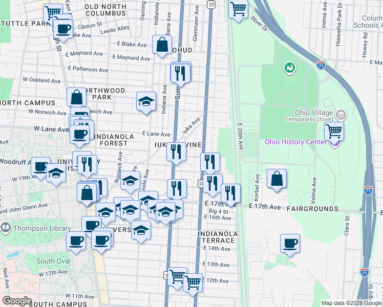 map of restaurants, bars, coffee shops, grocery stores, and more near 2086 Iuka Avenue in Columbus