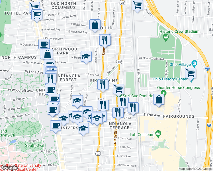 map of restaurants, bars, coffee shops, grocery stores, and more near 2086 Iuka Avenue in Columbus