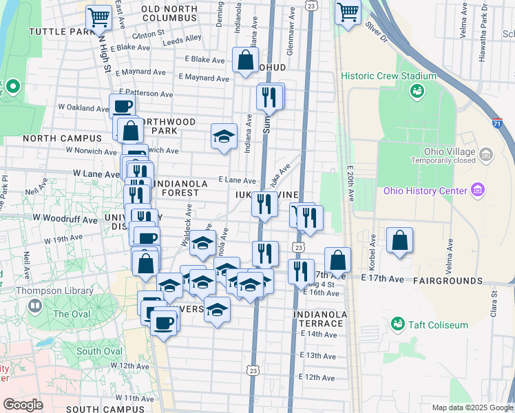 map of restaurants, bars, coffee shops, grocery stores, and more near 2034 Iuka Avenue in Columbus