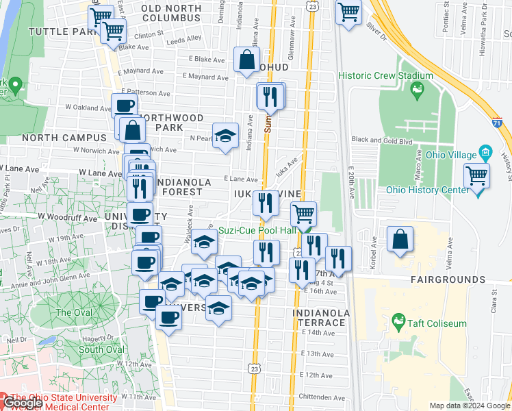map of restaurants, bars, coffee shops, grocery stores, and more near in Columbus