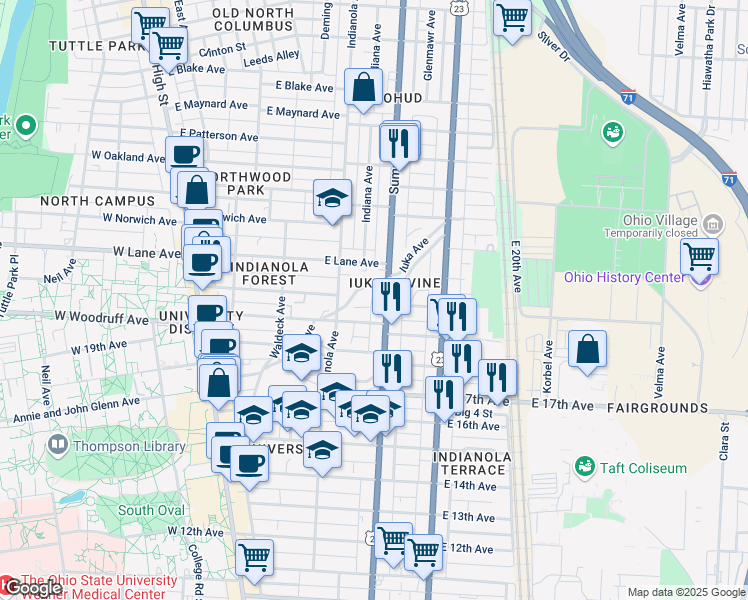 map of restaurants, bars, coffee shops, grocery stores, and more near in Columbus
