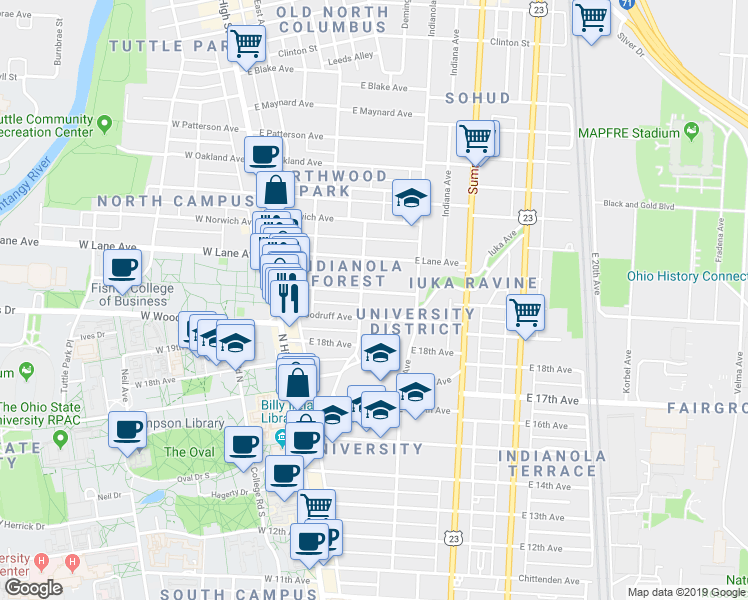 map of restaurants, bars, coffee shops, grocery stores, and more near in Columbus