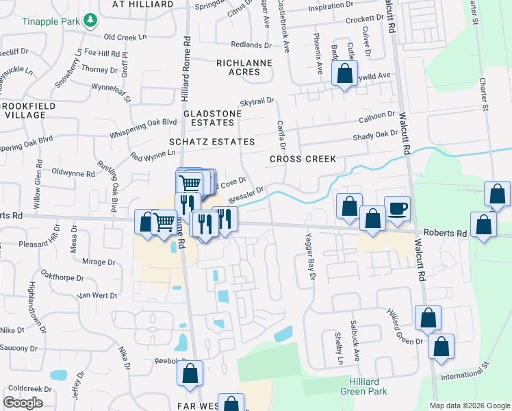 map of restaurants, bars, coffee shops, grocery stores, and more near 5277 Bressler Drive in Hilliard