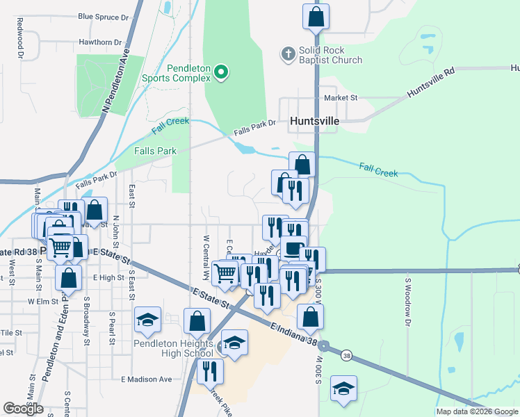 map of restaurants, bars, coffee shops, grocery stores, and more near 350 JH Walker Drive in Pendleton