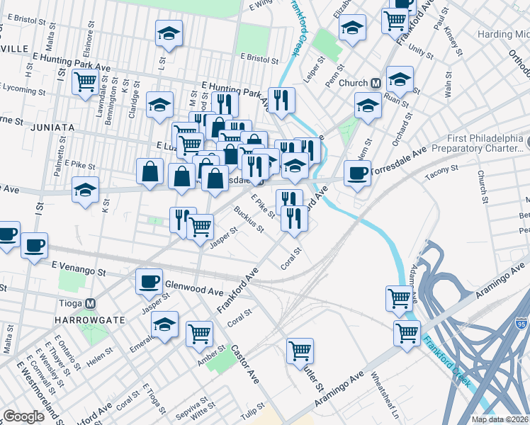 map of restaurants, bars, coffee shops, grocery stores, and more near 3879 Jasper Street in Philadelphia