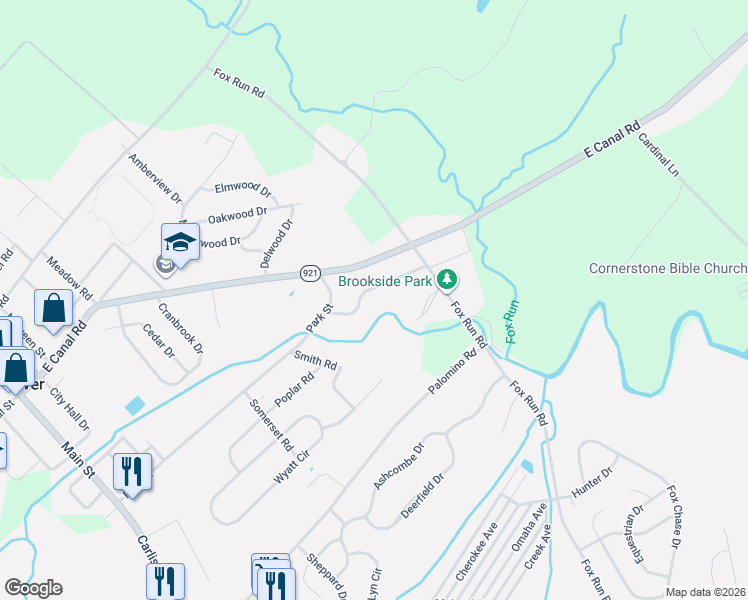 map of restaurants, bars, coffee shops, grocery stores, and more near 1580 Oak Lane in Dover