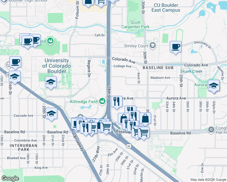 map of restaurants, bars, coffee shops, grocery stores, and more near 910 28th Street in Boulder