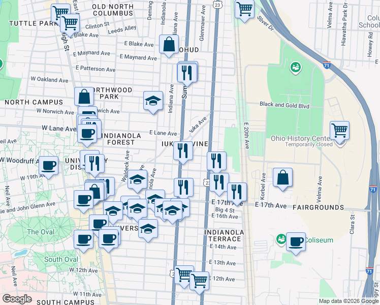 map of restaurants, bars, coffee shops, grocery stores, and more near 324 East 20th Avenue in Columbus