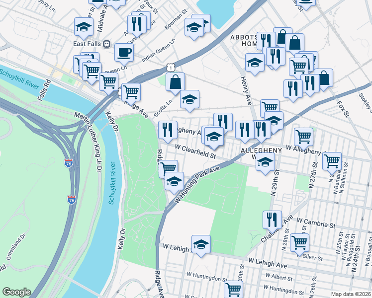 map of restaurants, bars, coffee shops, grocery stores, and more near W Clearfield St & N 34th St in Philadelphia
