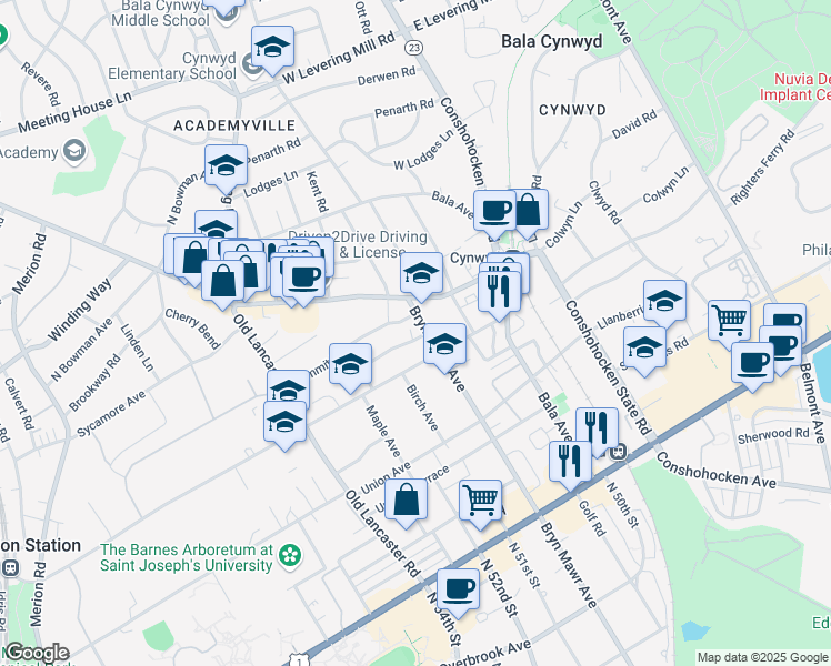 map of restaurants, bars, coffee shops, grocery stores, and more near 103 Grasmere Road in Bala Cynwyd