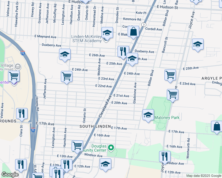map of restaurants, bars, coffee shops, grocery stores, and more near 1286 East 22nd Avenue in Columbus