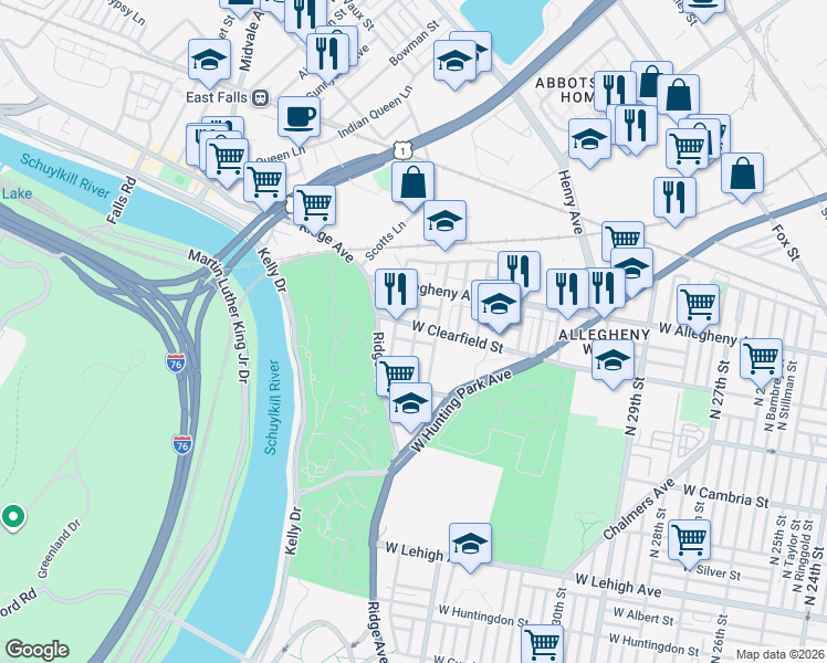 map of restaurants, bars, coffee shops, grocery stores, and more near 3114 North Shedwick Street in Philadelphia