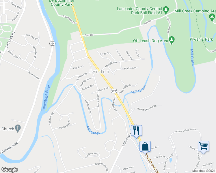 map of restaurants, bars, coffee shops, grocery stores, and more near 1950 Willow Street Pike in Lancaster