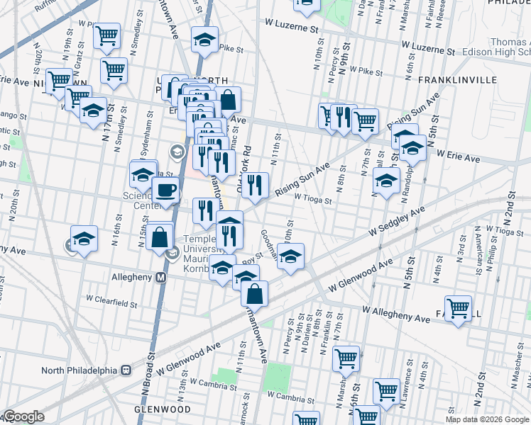 map of restaurants, bars, coffee shops, grocery stores, and more near North 11th Street in Philadelphia