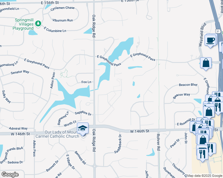 map of restaurants, bars, coffee shops, grocery stores, and more near 15009 Shoreway East Drive in Carmel