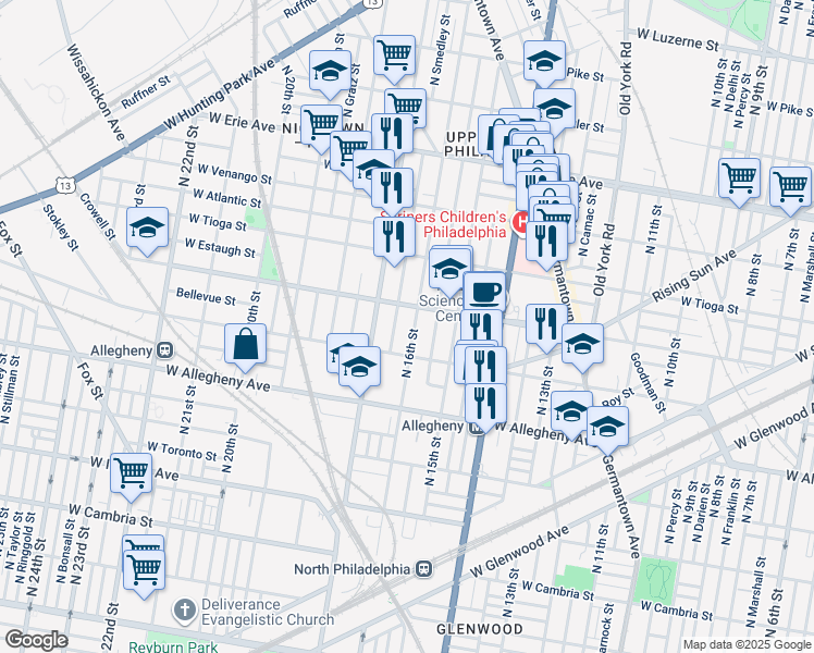 map of restaurants, bars, coffee shops, grocery stores, and more near 3334 North 16th Street in Philadelphia