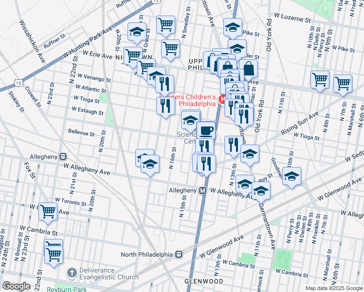 map of restaurants, bars, coffee shops, grocery stores, and more near 3344 North Sydenham Street in Philadelphia